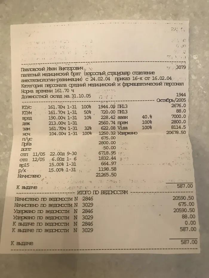 Расчётный листок 2005 года на имя Павловского Ивана Викторовича: палатный медицинский брат, отделение анестезиологии-реанимации, с 24.02.2004
